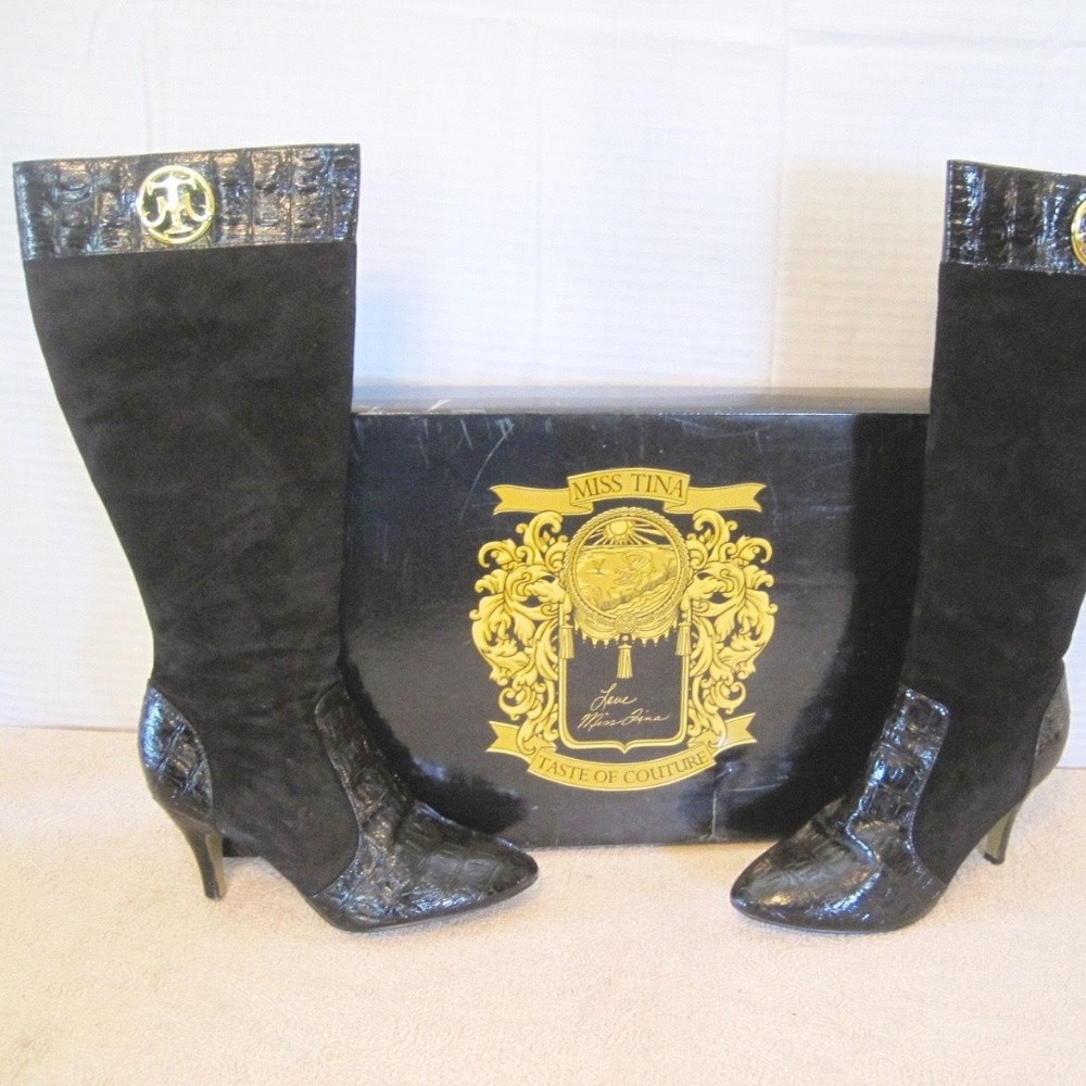 Miss Tina Taste of Couture Black Leather Knee High Heel Boots 8.5